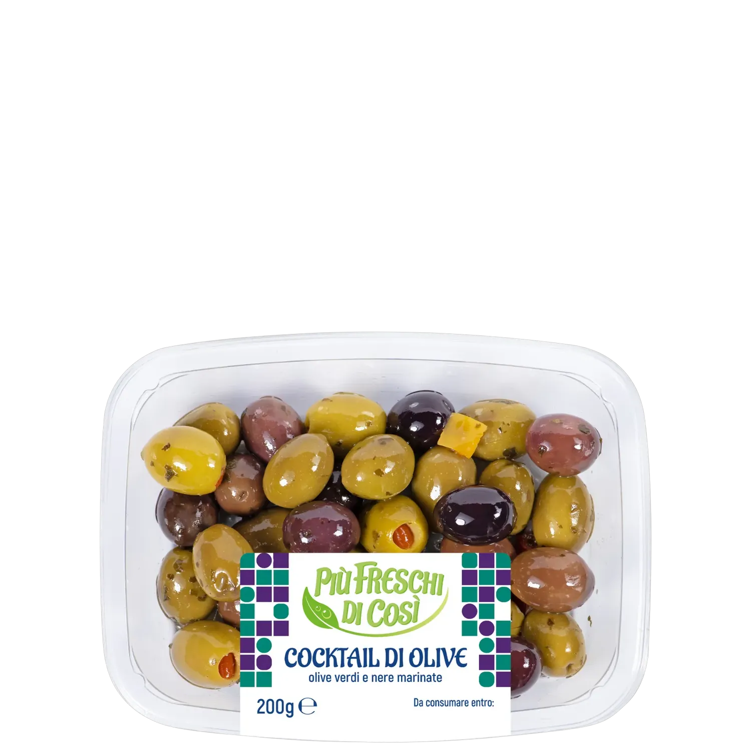 Cocktail di olive marinate denocciolate in vaschetta